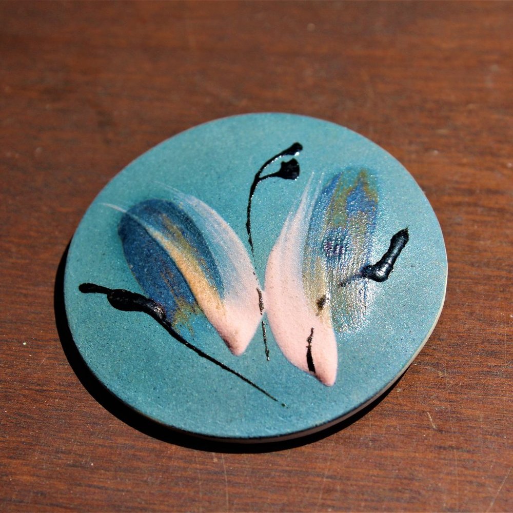 Unique Blue Vintage Hand Painted Brooch
